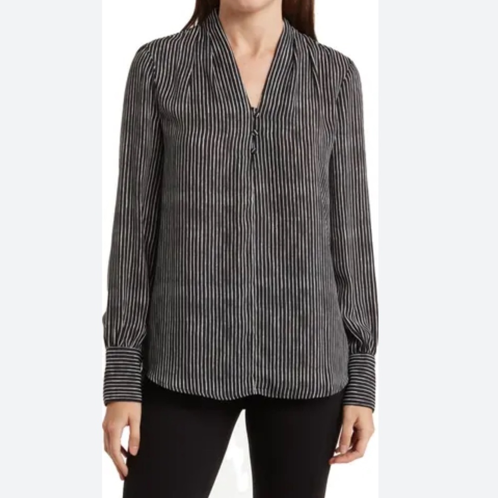 Adriana Papell Printed Crepe Black and White Striped Long Sleeve Blouse Size L - Picture 1 of 14